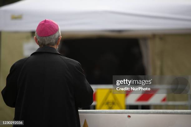 The bishop of Cosenza, Monsignor Francescantonio Nolè, greets and blesses the patients inside the covid military field hospital of Cosenza, on...