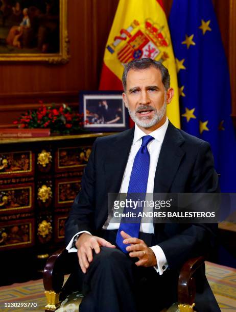 King Felipe VI of Spain delivers his traditional Christmas speech, recorded on December 22, 2020 at La Zarzuela palace in Madrid, and publicly...