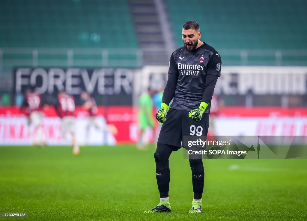 Gianluigi Donnarumma of AC Milan celebrates a goal during...