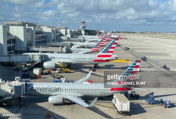 General view of American Airlines hub on Miami International Airport runway on December 24, 2020 in Miami, Florida.