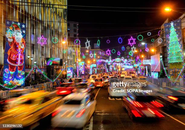 Streets of Kolkata near Park street area seen decorated with beautiful lights on the eve of Christmas.