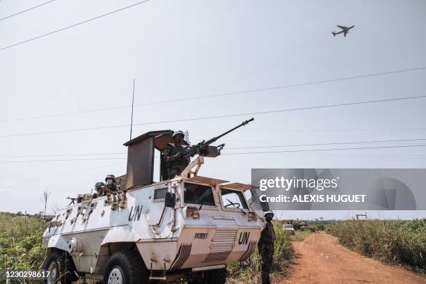 Egyptian commandos of the United Nations Multidimensional Integrated Stabilization Mission in the Central African Republic stand guard on the...