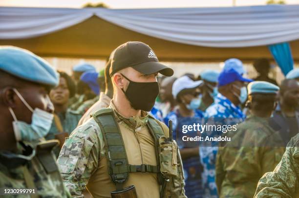 Current Central African Republic President and presidential candidate Faustin-Archange Touadera, arrives at UCATEX Stadium for his election meeting,...