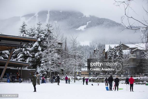 General view of Whistler Olympic Village is seen on Christmas Day, December 25, 2020 in Whistler, British Columbia, Canada.