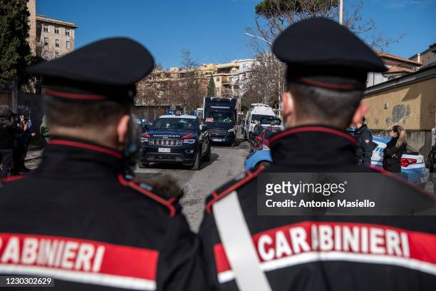 Italian Carabinieri escort the van with the first 9750 doses of Pfizer-BioNTech Covid-19 vaccine at the "Istituto Lazzaro Spallanzani" hospital, on...