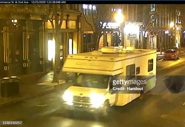 In this handout image provided by the Metro Nashville Police Department, a screengrab of surveillance footage shows the recreational vehicle...