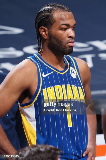 Warren of the Indiana Pacers looks on during the game against the Boston Celtics on December 27, 2020 at Bankers Life Fieldhouse in Indianapolis,...