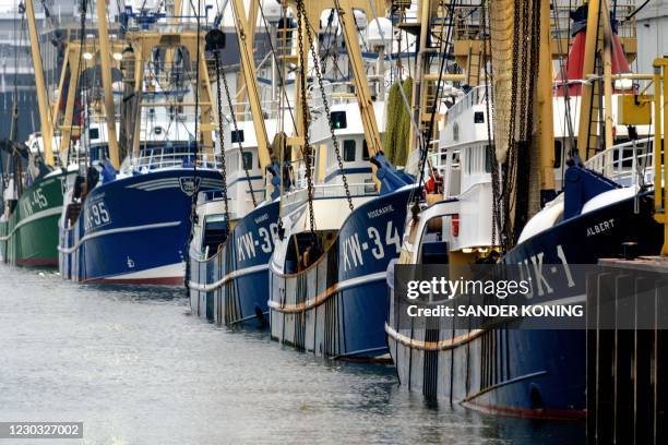 Fishing boats are moored in the harbor of IJmuiden, on December 28, 2020. - Due to the Brexit deal, Dutch fishermen will be allowed to catch a...