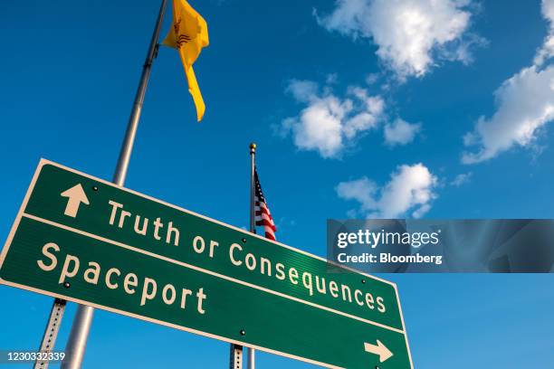 Traffic sign directs drivers to Spaceport America in Truth or Consequences, New Mexico, U.S., on Wednesday, Sept. 16, 2020. Virgin Galactic announced...