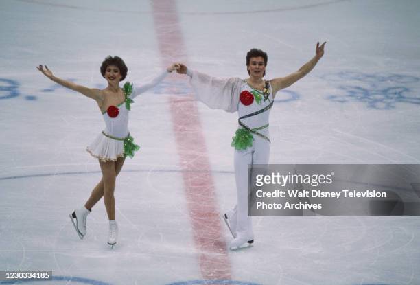 Calgary, Alberta, Canada Marina Klimova, Sergei Ponomarenko competing in the Ice Dancing skating event at the Olympic Saddledome, 1988 Winter...