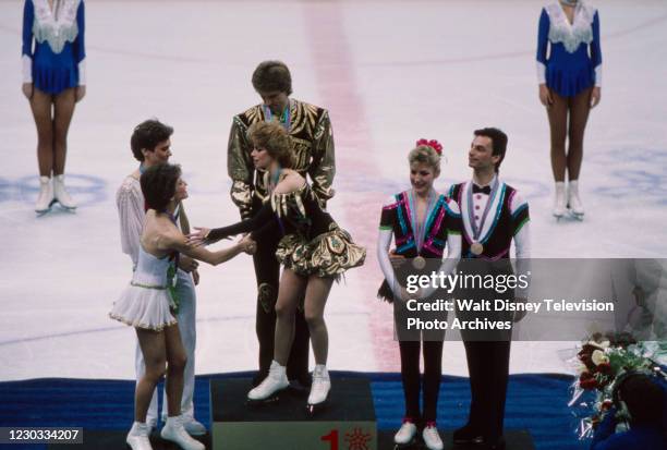 Calgary, Alberta, Canada Sergei Ponomarenko, Marina Klimova, Andrei Bukin, Natalia Bestemianova, Robert McCall, Tracy Wilson in the Ice Dancing...