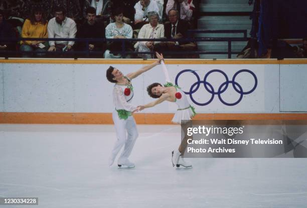 Calgary, Alberta, Canada Sergei Ponomarenko, Marina Klimova competing in the Ice Dancing skating event at the Olympic Saddledome, 1988 Winter...