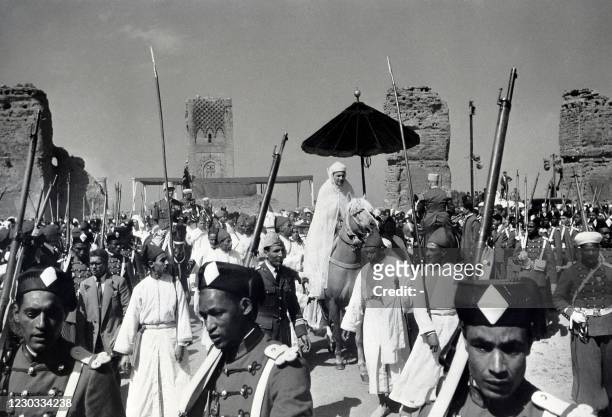 Photo dated March 10, 1956 in Rabat of Sultan Mohammed V on horseback going to the Hassan mosque where he is to preach on the occasion of the first...
