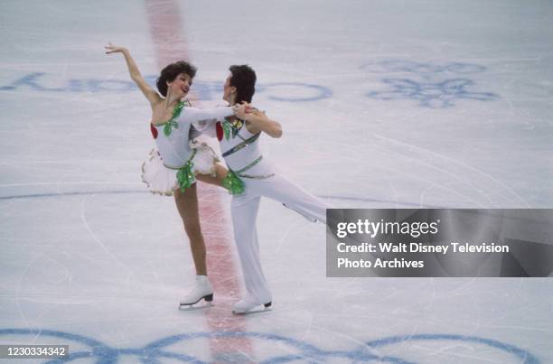 Calgary, Alberta, Canada Marina Klimova, Sergei Ponomarenko competing in the Ice Dancing skating event at the Olympic Saddledome, 1988 Winter...