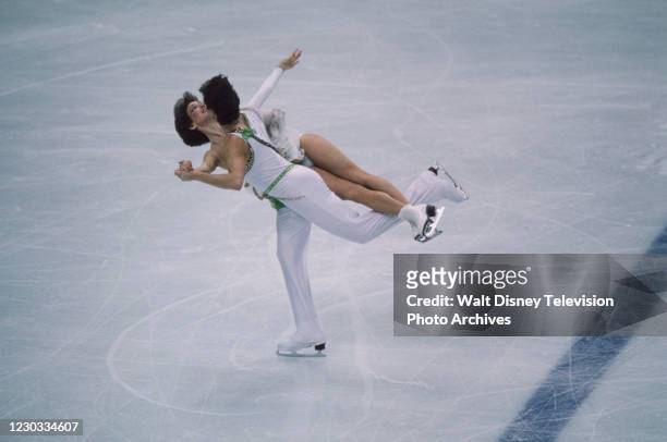 Calgary, Alberta, Canada Marina Klimova, Sergei Ponomarenko competing in the Ice Dancing skating event at the Olympic Saddledome, 1988 Winter...