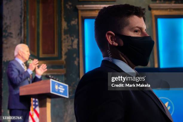 Member of the Secret Service monitors activity as President-elect Joe Biden delivers remarks at the Queen Theater on December 28, 2020 in Wilmington,...