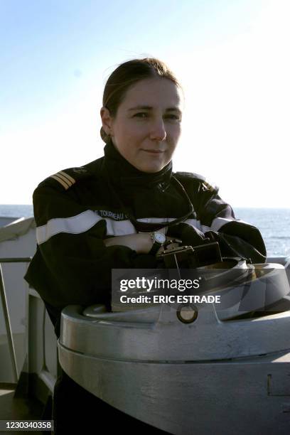 Portrait of French sub lieutenant Coralie Le Tourneau taken on board the Sabre landing craft 15 December 2005 in Toulon harbor. The 28-years-old...