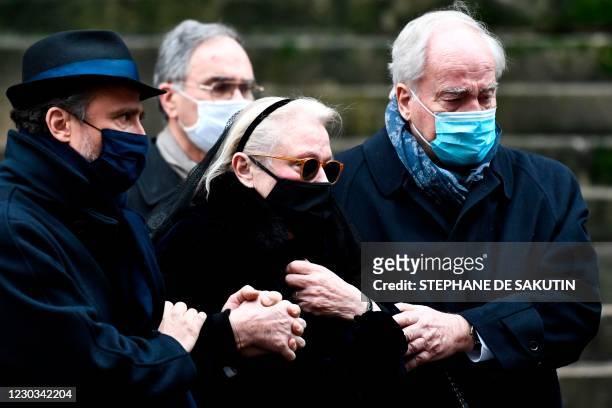 Michele Cambon-Brasseur and Alexandre Brasseur , respectively widow and son of late French actor Claude Brasseur, leave the Saint-Roch church, at the...