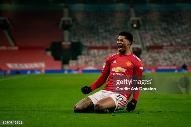 Marcus Rashford of Manchester United celebrates scoring a goal to make the score 1-0 during the Premier League match between Manchester United and...