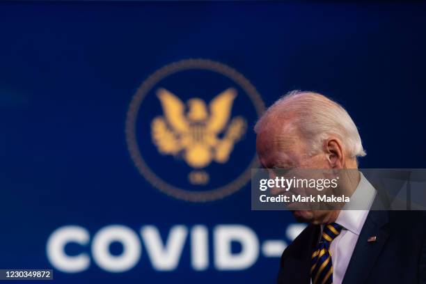 President-elect Joe Biden departs after delivering remarks on the ongoing coronavirus pandemic at the Queen Theater on December 29, 2020 in...