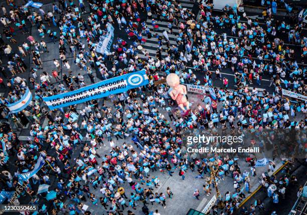 Aerial view of anti-abortion demonstrators outside the National Congress as senators decide on legalization of abortion on December 29, 2020 in...