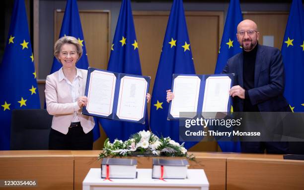 President of the European Commission Ursula von der Leyen and the President of the European Council Charles Michel attend a Brexit signature ceremony...