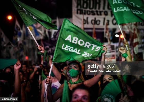 Pro-choice demonstrators wait for the result of vote on December 30, 2020 in Buenos Aires, Argentina. The proposal authorizes legal, voluntary and...