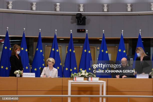 European Commission President Ursula von der Leyen and European Council President Charles Michel sign in Brussels, on December 30 the Brexit trade...