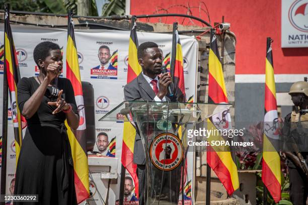Ugandan opposition Presidential Candidate, Robert Kyagulanyi Ssentamu commonly known as Bobi Wine, speaks during a press conference at the...