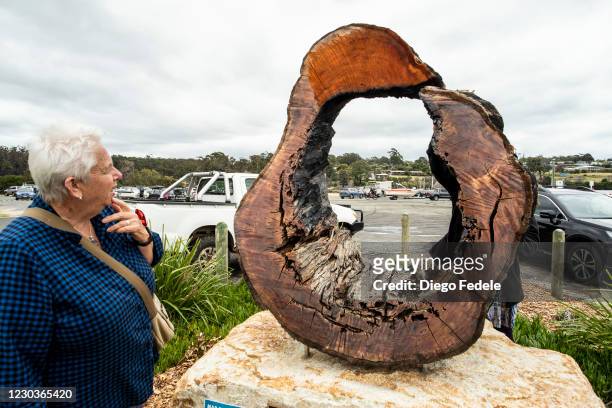 Visitor looks over a commemorative monument on December 31, 2020 in Mallacoota, Australia. New Year's Eve marks one year since bushfires swept...