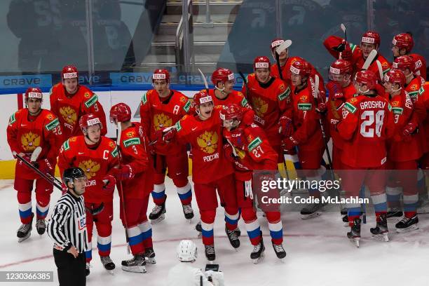 Russia celebrates the victoory over Sweden during the 2021 IIHF World Junior Championship at Rogers Place on December 30, 2020 in Edmonton, Canada.