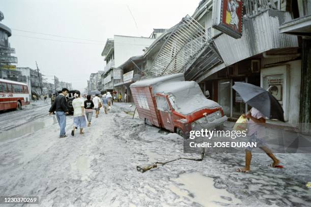 Street of Olongapo city is covered in volcanic ash, on June 16, 1991 after a major eruption of Mount Pinatubo volcano on June 15, the second largest...