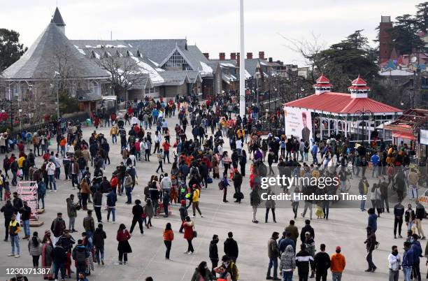 Visitors at Ridge on New Years Eve on December 31, 2020 in Shimla, India.