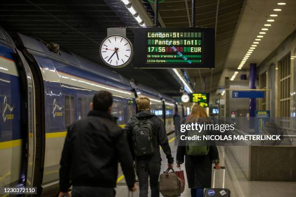 Illustration picture shows the departure of the last ride of railway company Eurostar from Brussels to London, before the Brexit withdrawel agreement...