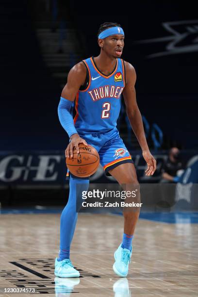 Shai Gilgeous-Alexander of the Oklahoma City Thunder dribbles the ball during the game against the New Orleans Pelicans on December 31, 2020 at...