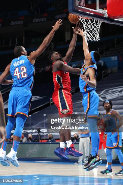 Zion Williamson of the New Orleans Pelicans shoots the ball during the game against the Oklahoma City Thunder on December 31, 2020 at Chesapeake...