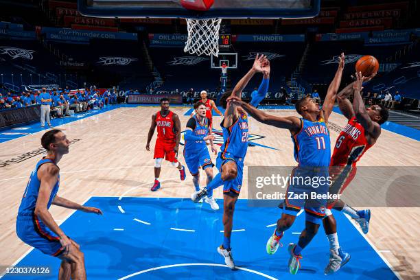 Eric Bledsoe of the New Orleans Pelicans shoots the ball during the game against the Oklahoma City Thunder on December 31, 2020 at Chesapeake Energy...