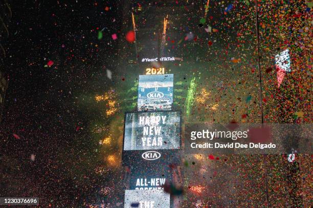 The New Year's Eve ball drops in a mostly empty Times Square on January 1 in New York City. On average, about one million revelers are drawn to the...
