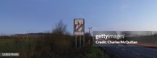 Panoramic view as cross border traffic enters Northern Ireland as dawn breaks on January 1, 2021 in Newry, United Kingdom. January 1st 2021 marks the...