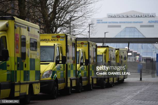 Ambulances are parked outside the NHS Nightingale hospital at the Excel centre in east London on January 1, 2021. - London's Nightingale Hospital is...