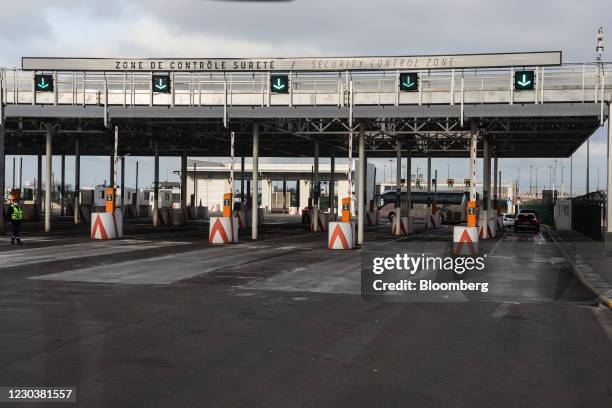 Toll booths at the Eurotunnel terminal in Calais, France, on Friday, Jan. 1, 2021. The U.K. Completed its divorce from the European Union, leaving...