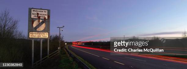 Panoramic view as cross border traffic enters Northern Ireland as dawn breaks on January 1, 2021 in Newry, United Kingdom. January 1st 2021 marks the...