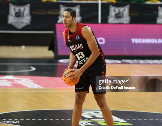Felipe dos anjos of Bilbao Basket gestures during the Basketball Champions League match between CB Bilbao Berri and Fortitudo Bologna at Bilbao Arena...