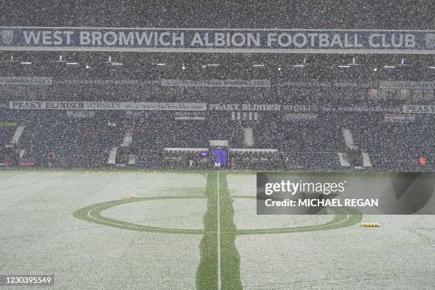 Snow falls on the pitch ahead of the English Premier League football match between West Bromwich Albion and Arsenal at The Hawthorns stadium in West...