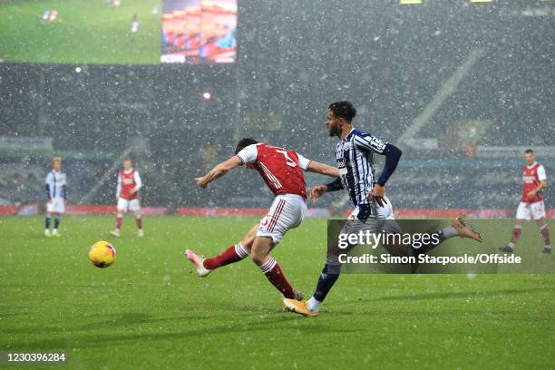 Kieran Tierney of Arsenal scores their first goal during the Premier League match between West Bromwich Albion and Arsenal at The Hawthorns on...