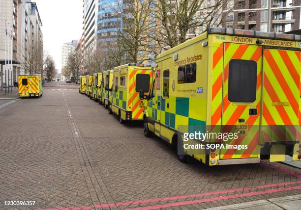Ambulance vehicles outside the ExCeL centre in East London. The specially-constructed NHS Nightingale Hospital at the exhibition centre is on standby...