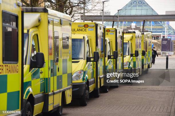 Ambulance vehicles outside the ExCeL centre in East London. The specially-constructed NHS Nightingale Hospital at the exhibition centre is on standby...