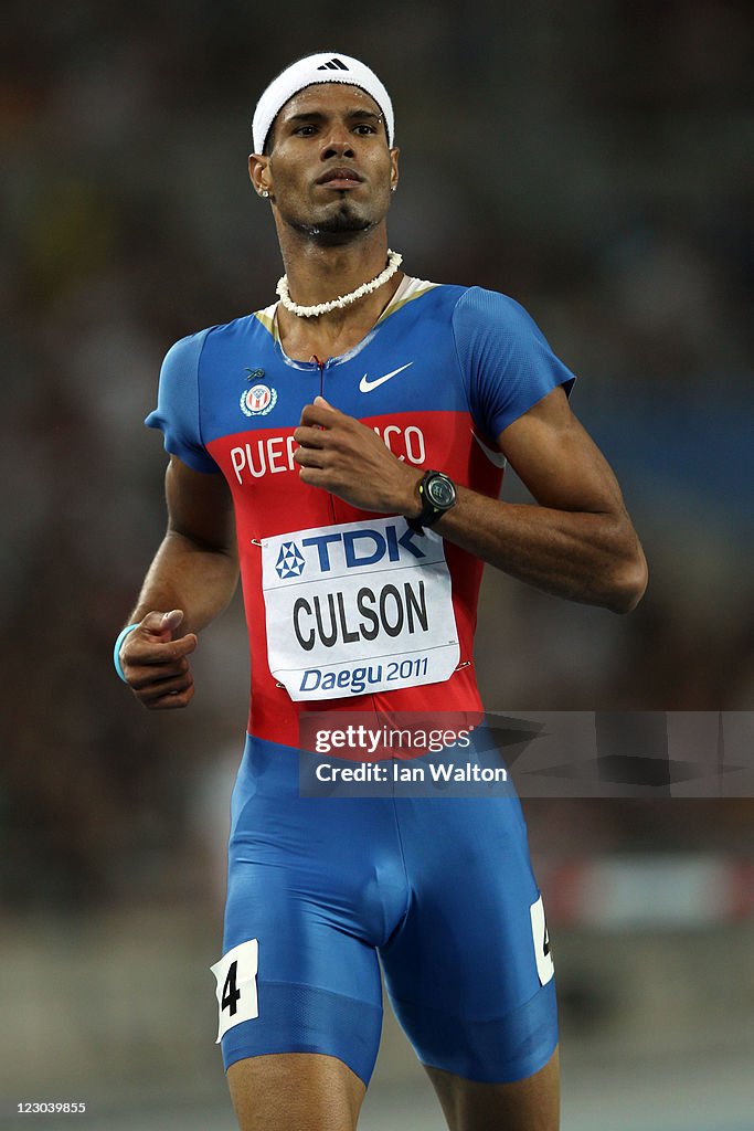 Culson Javier Culson of Puerto Rico looks on after crossing the finish line ...