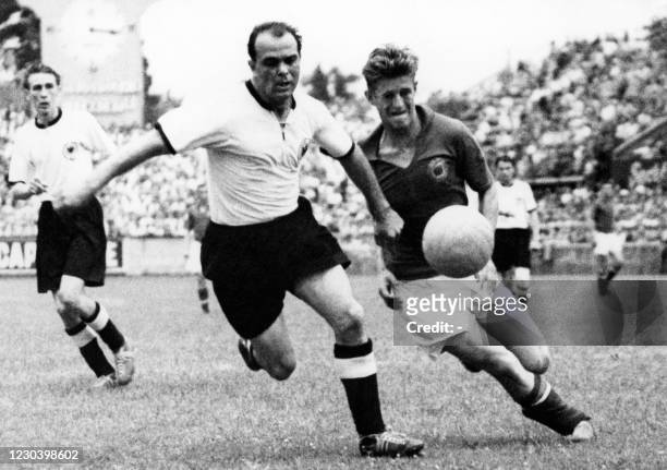 Werner Kohlmeyer of West Germany fights for the ball during the match against Yugoslavia on June 27 in Geneva of the FIFA World Cup held in...