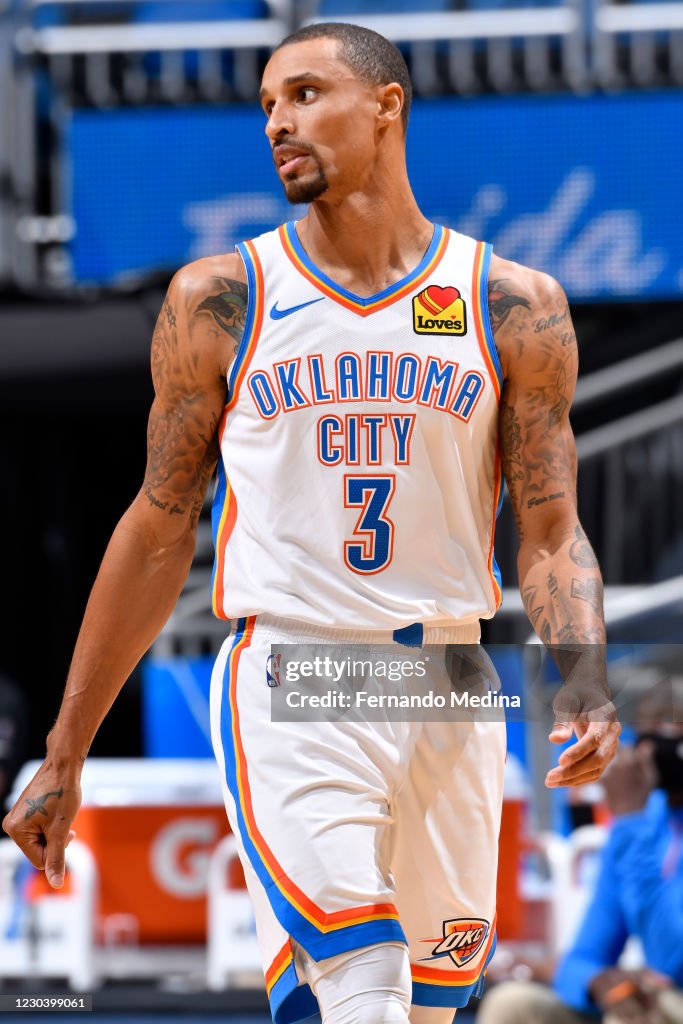 George Hill of the Oklahoma City Thunder looks on during the game ...